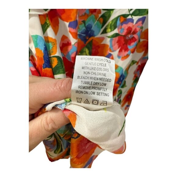 SUNNY LEIGH women's flowy ruffle floral blouse white background size large beach - Picture 6 of 6